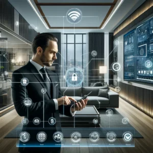 Hombre controlando funciones de un edificio inteligente mediante interfaz digital con iconos de domótica y seguridad