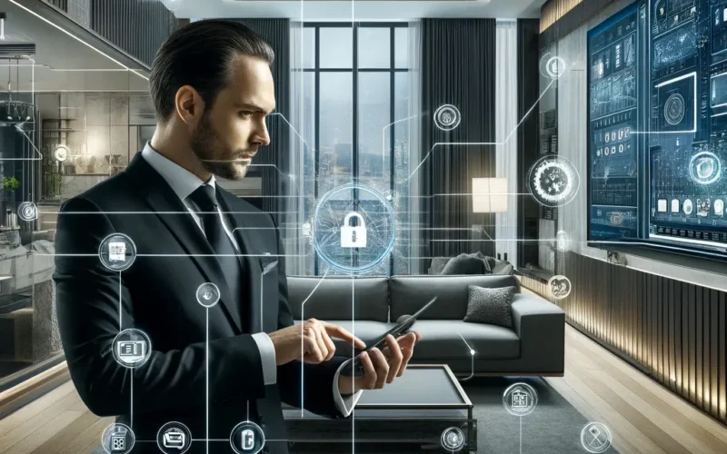 Hombre controlando funciones de un edificio inteligente mediante interfaz digital con iconos de domótica y seguridad