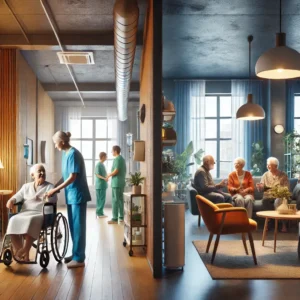 Comparativa entre residencias de mayores y coliving senior, mostrando un entorno colaborativo.