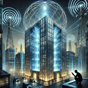 Ilustración del efecto de la caja de Faraday en arquitectura, con un rascacielos bloqueando señales