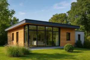 fachada acristalada de una casa pasiva moderna rodeada de vegetación