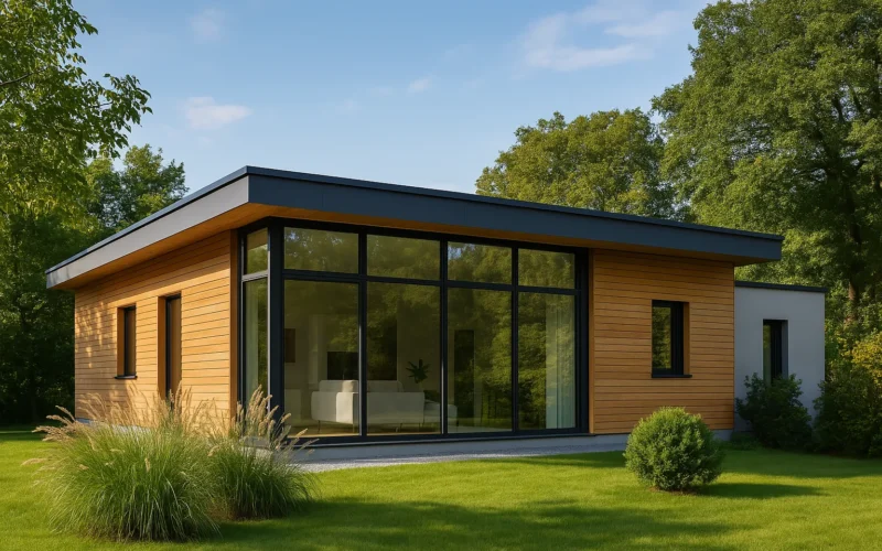fachada acristalada de una casa pasiva moderna rodeada de vegetación