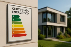 etiqueta de eficiencia energética colocada en la fachada de una vivienda moderna