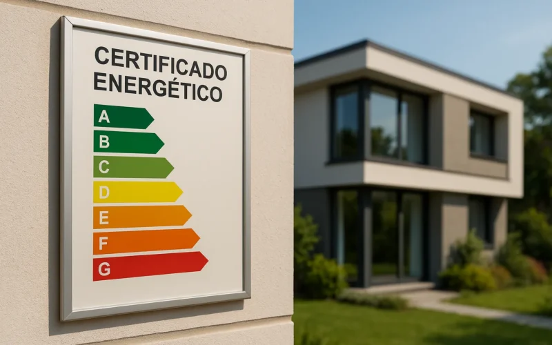 etiqueta de eficiencia energética colocada en la fachada de una vivienda moderna