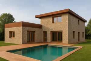 Casa de fachada de piedra natural y chapa corten