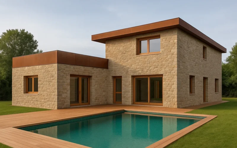 Casa de fachada de piedra natural y chapa corten