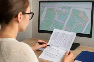 Persona revisando documentos de Catastro en ordenador portátil