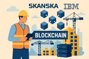 Ilustración digital de una obra con tecnología blockchain aplicada por Skanska e IBM