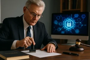 Ilustración de un contrato inmobiliario validado con blockchain