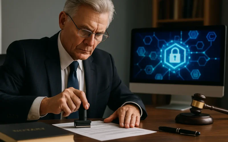 Ilustración de un contrato inmobiliario validado con blockchain