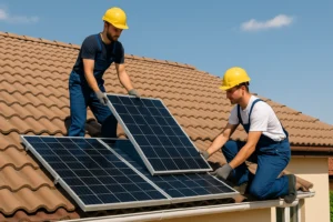 Instaladores colocando paneles solares en tejado de vivienda unifamiliar