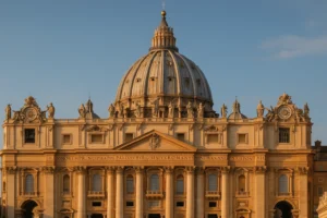 Fachada arquitectónica del Vaticano iluminada por el sol al atardecer
