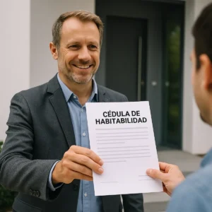 arquitecto entrega cédula de habitabilidad en mano al propietario de una vivienda