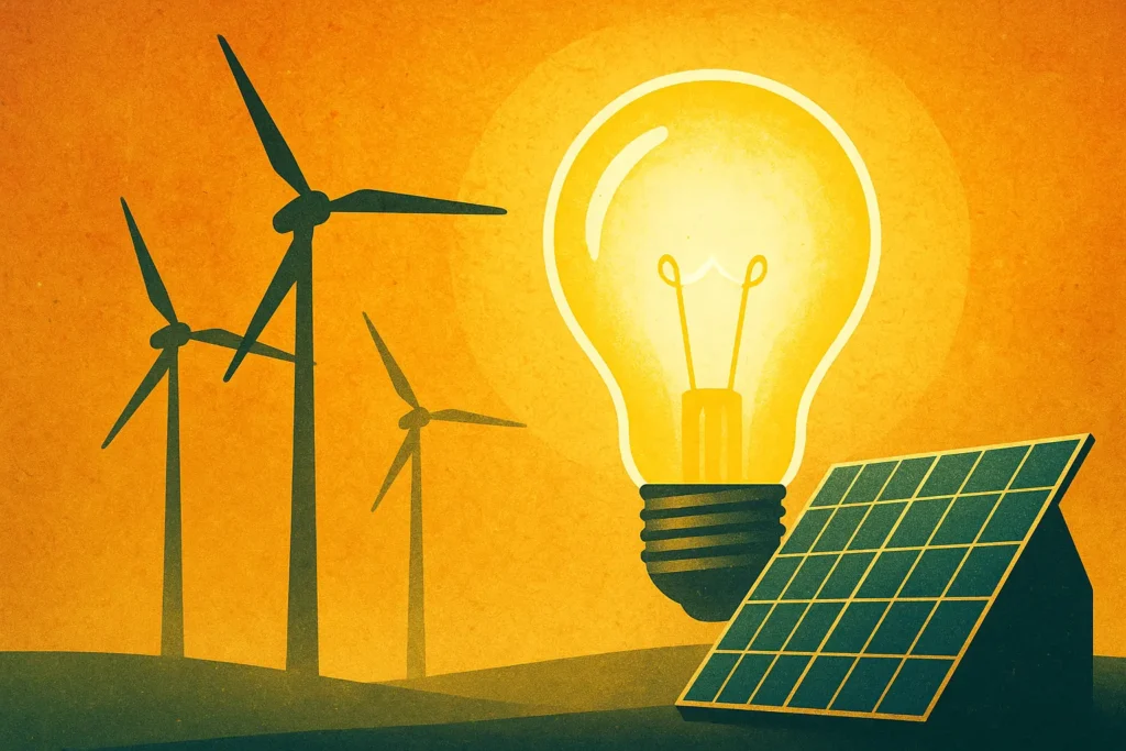 Ilustración conceptual de energía gratuita con bombilla brillante, panel solar y aerogeneradores sobre paisaje cálido