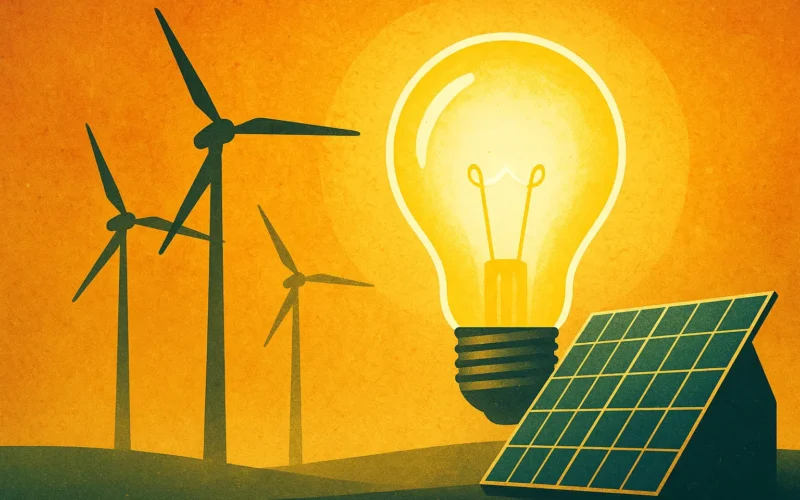 Ilustración conceptual de energía gratuita con bombilla brillante, panel solar y aerogeneradores sobre paisaje cálido