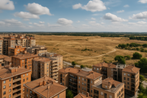 Vista de edificios residenciales junto a una gran extensión de suelo sin urbanizar