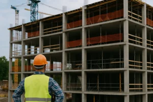 Trabajador observa estructura en construcción vacía, reflejando escasez de personal cualificado