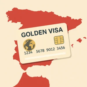 Ilustración de una Golden Visa sobre el mapa de España