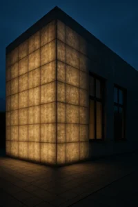 Fachada de hormigón translúcido iluminada desde el interior