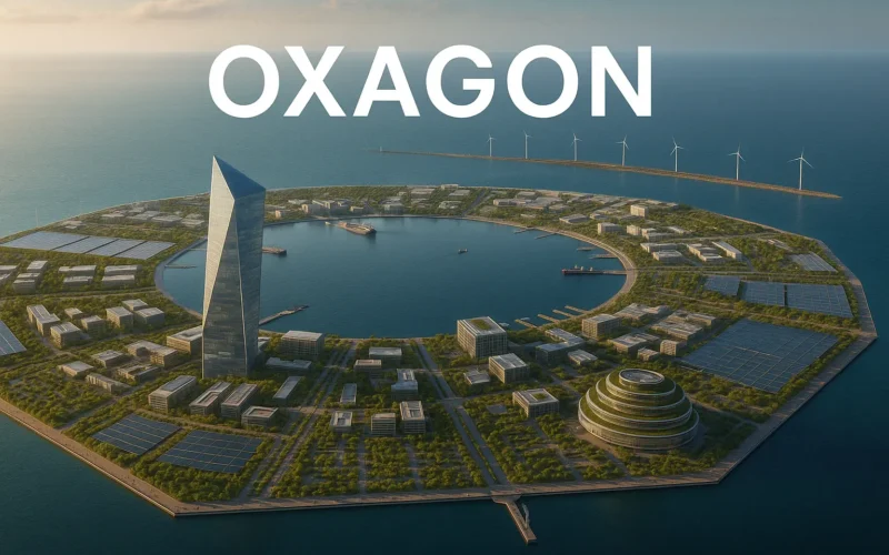 Vista aérea de OXAGON, la ciudad flotante autosuficiente de NEOM en el mar Rojo