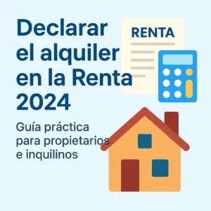 Ilustración de una guía para declarar el alquiler en la Renta 2024 con iconos de vivienda, impuestos y calculadora.