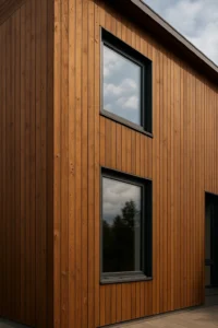 Fachada contemporánea revestida con lamas verticales de Thermowood