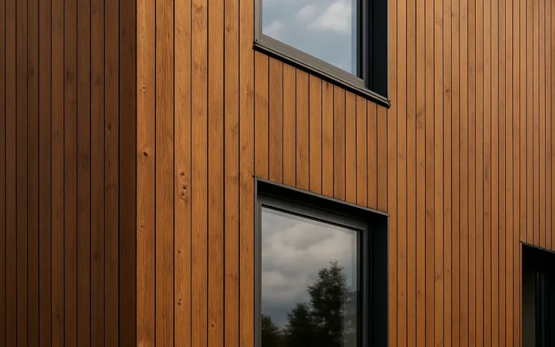 Fachada contemporánea revestida con lamas verticales de Thermowood