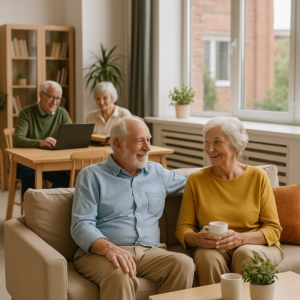 Personas mayores disfrutando en un espacio de coliving luminoso y acogedor