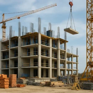 Construcción en altura con tecnologías modernas y grúa torre en 2025
