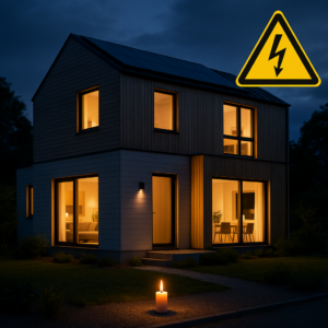 Vivienda autosuficiente iluminada durante un apagón en España, con símbolo de riesgo eléctrico