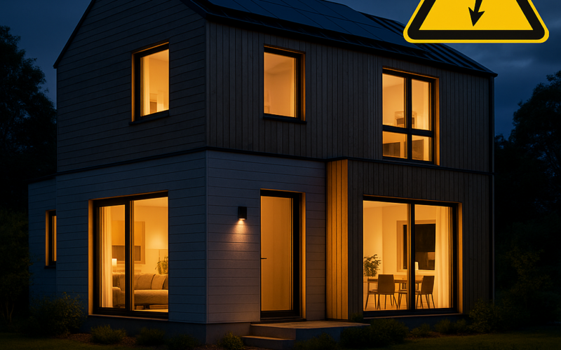 Vivienda autosuficiente iluminada durante un apagón en España, con símbolo de riesgo eléctrico