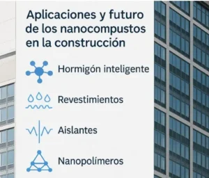 Infografía sobre aplicaciones y futuro de los nanocompuestos en la construcción, destacando hormigón inteligente, revestimientos, aislantes, y nanopolímeros.