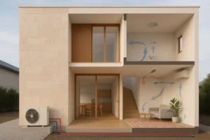 Vivienda minimalista en sección con sistemas de climatización eficiente: aerotermia, suelo radiante y ventilación interior.