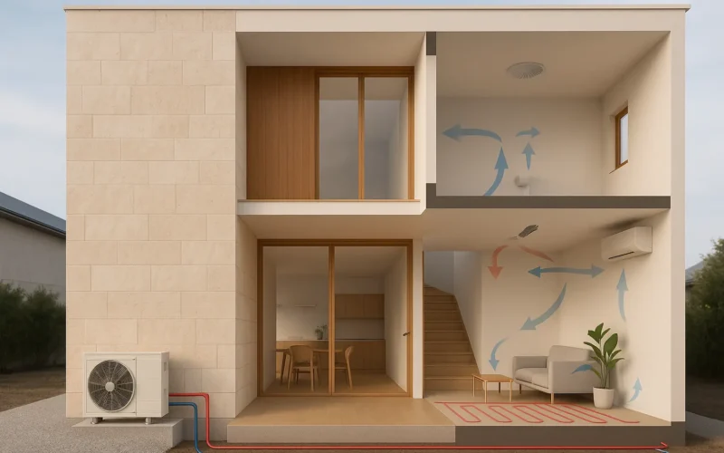 Vivienda minimalista en sección con sistemas de climatización eficiente: aerotermia, suelo radiante y ventilación interior.
