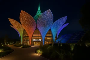 Casino futurista con diseño en forma de flor iluminada por luces LED multicolor, rodeado de vegetación y paneles solares.