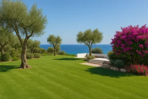 jardín mediterráneo con césped, olivos y buganvillas junto al mar
