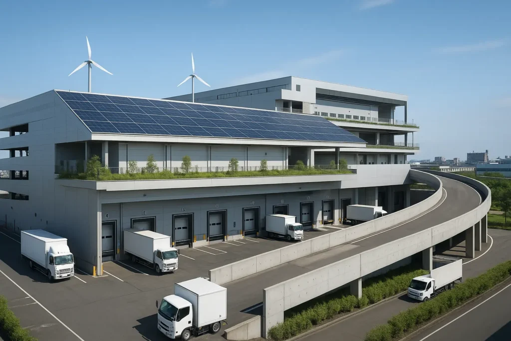 Centro logístico vertical con paneles solares, turbinas eólicas y vegetación en la azotea