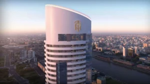 Vista aérea de la Alvear Tower en Puerto Madero, el rascacielos más alto de Argentina