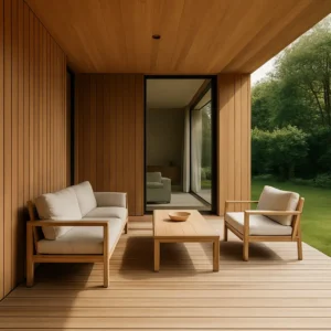 Casa silenciosa de diseño moderno en madera clara con fondo de jardín