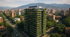 Vista aérea de barrio urbano en Colombia con arquitectura sostenible y zonas verdes