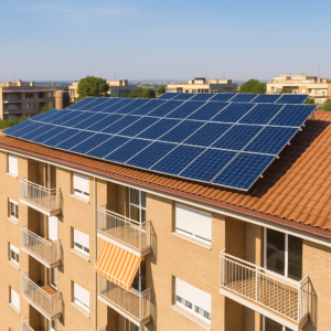 Paneles solares compartidos en tejado de edificio residencial