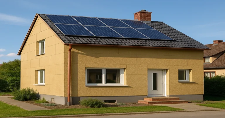 Ayudas rehabilitación energética 2025 en vivienda unifamiliar con fachada aislada y placas solares
