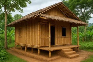 Casa tradicional de construida con bambú en un entorno rural asiático