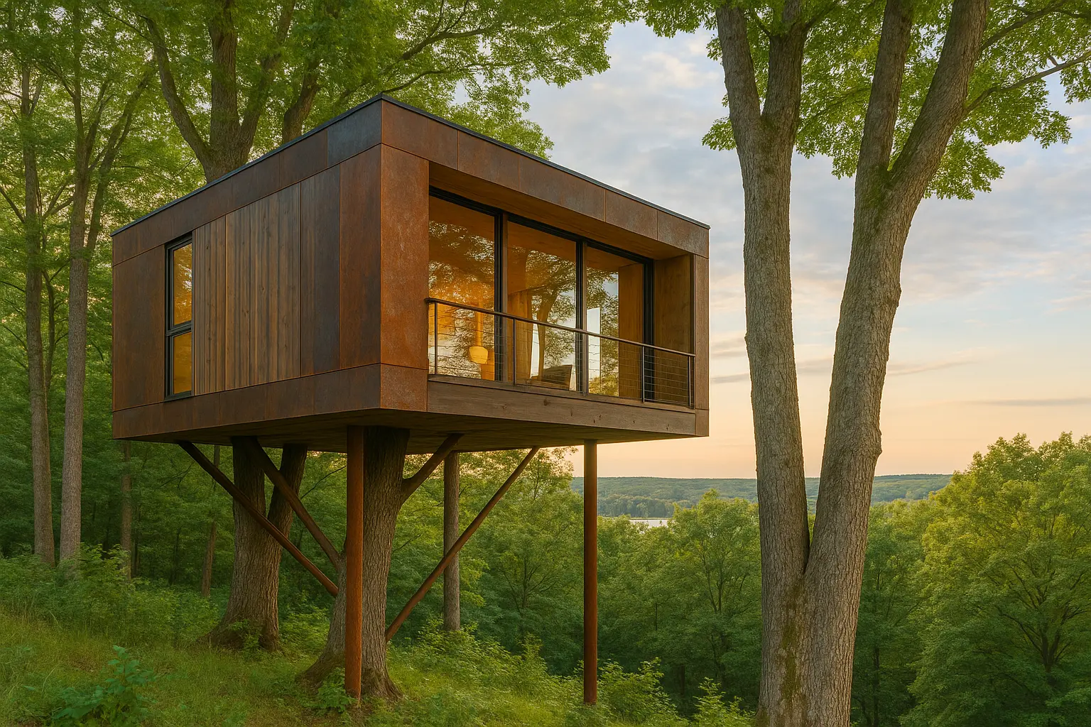 Casa moderna unifamiliar en árbol, elevada sobre pilares de acero entre árboles, con fachada de madera y grandes ventanales, al atardecer