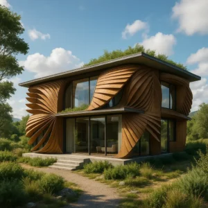 Fachada dinámica de una casa camaleónica que se adapta al clima mediante lamas móviles de madera