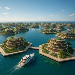 ALT (texto alternativo): Vista aérea hiperrealista de Oceanix City, ciudad flotante con edificios circulares y vegetación integrada