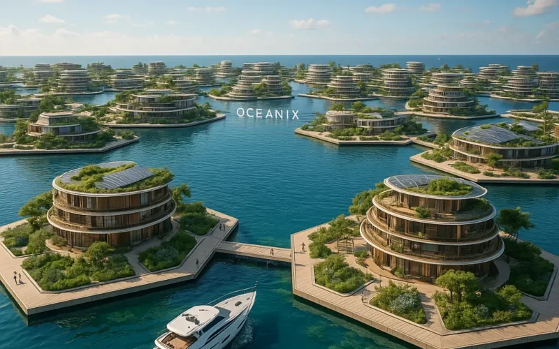 ALT (texto alternativo): Vista aérea hiperrealista de Oceanix City, ciudad flotante con edificios circulares y vegetación integrada