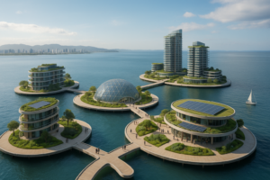 Ciudad flotante sostenible con arquitectura ecológica y energía solar, ejemplo de urbanismo del futuro