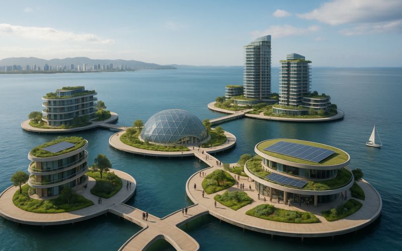 Ciudad flotante sostenible con arquitectura ecológica y energía solar, ejemplo de urbanismo del futuro