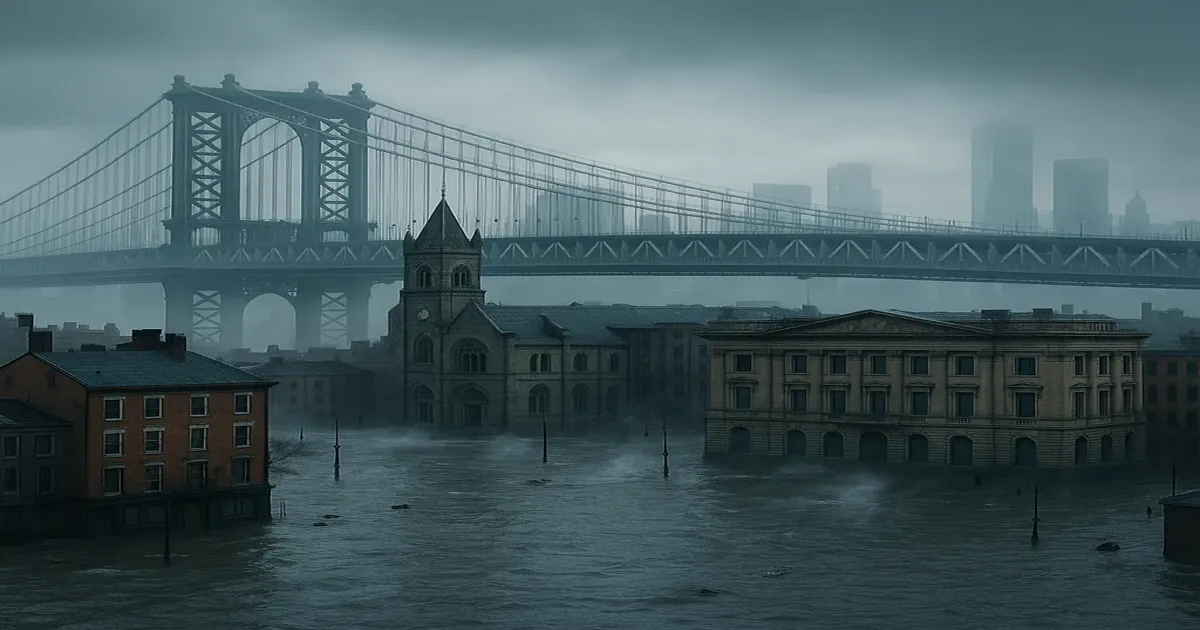 Ciudad inundada con edificios históricos y puente envuelto en niebla